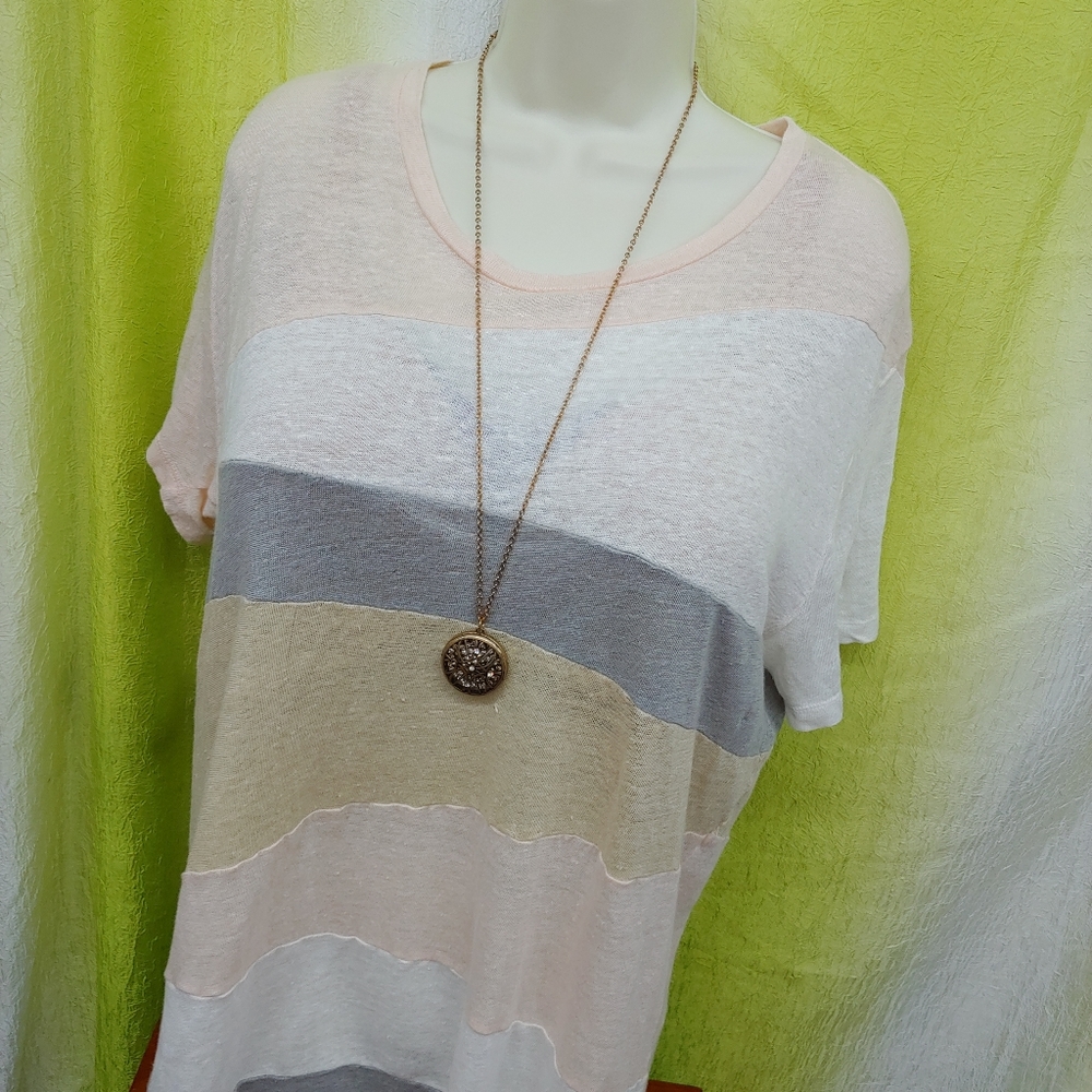 Iro | Linen Neutral Patchwork Tshirt Scoopneck L - image 2